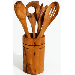 Lot de 4 ustensiles en bois d'olivier avec pot faits à la main