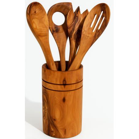 Lot de 4 ustensiles en bois d'olivier avec pot faits à la main